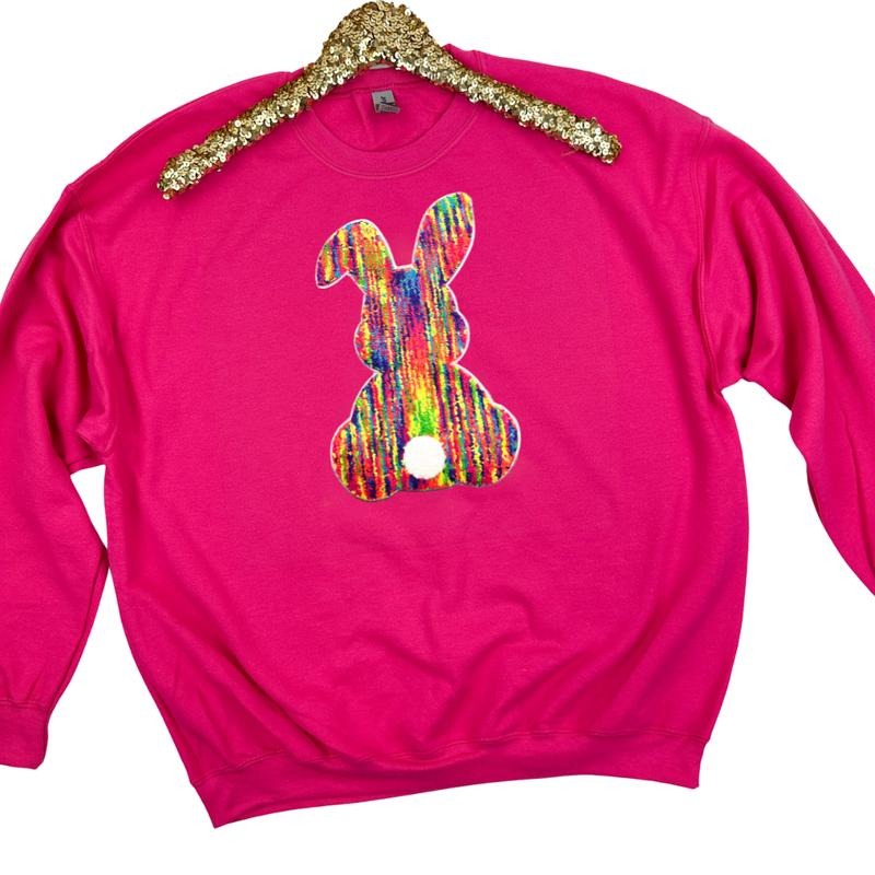 Rainbow Chenille Bunny Patch Sweatshirt -- HOT PINK T-Shirts, Hoodie | RetroVerseTees.com