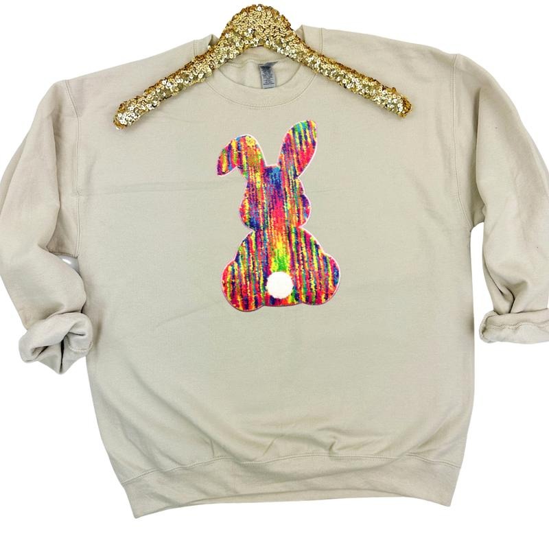 Rainbow Chenille Bunny Patch Sweatshirt -- SAND T-Shirts, Hoodie | RetroVerseTees.com