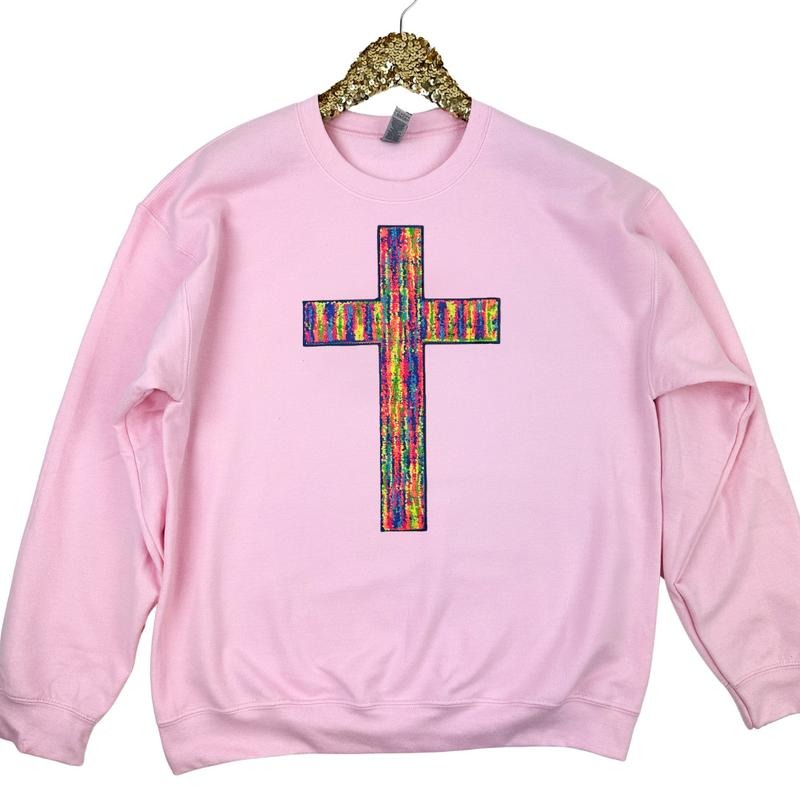 Rainbow Chenille Cross Patch Sweatshirt -- LIGHT PINK T-Shirts, Hoodie | RetroVerseTees.com