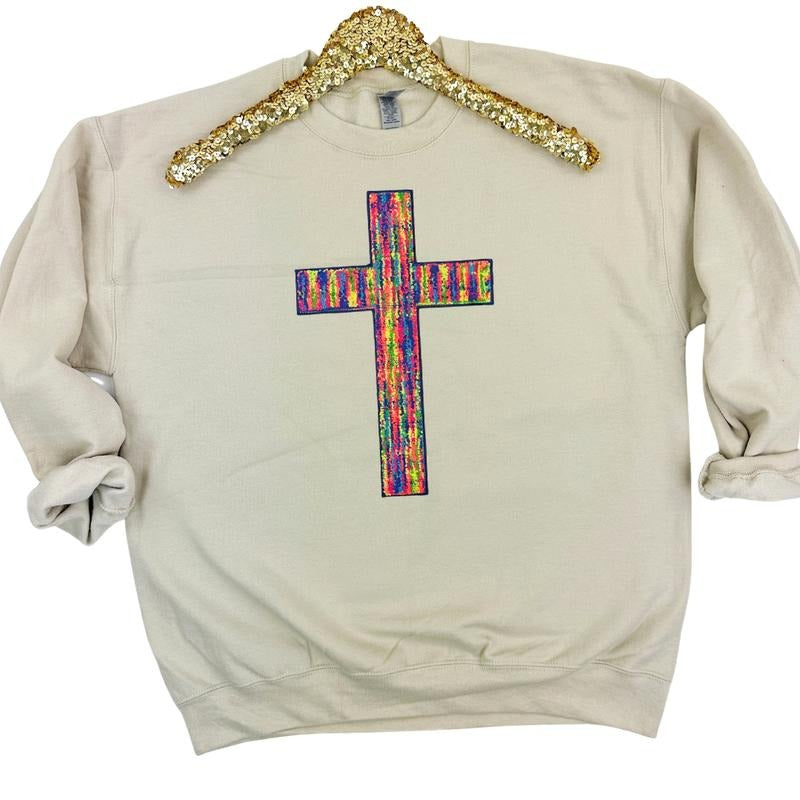 Rainbow Chenille Cross Patch Sweatshirt -- SAND T-Shirts, Hoodie | RetroVerseTees.com