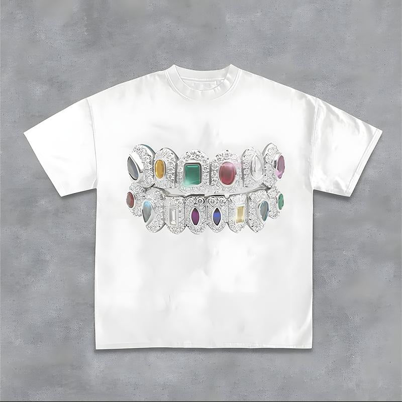 Rainbow Gem Grillz Graphic Tee Oversized Y2k Clothing Streetwear T-Shirt Graphic Tee for Men Women Hoodie, Sweatshirt
