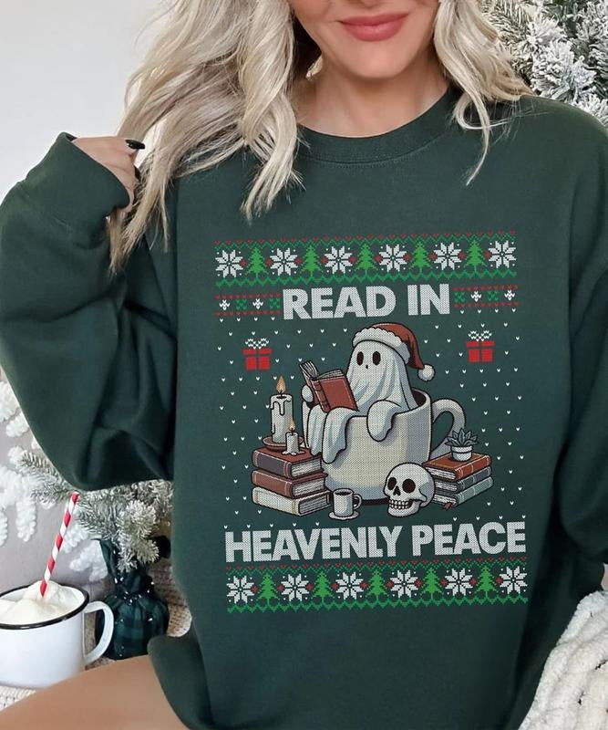 Read In Heavenly Peace Sweatshirt, Ghost Book Christmas Sweatshirt, Bookish Sweatshirt for Bookworm Ugly Christmas...