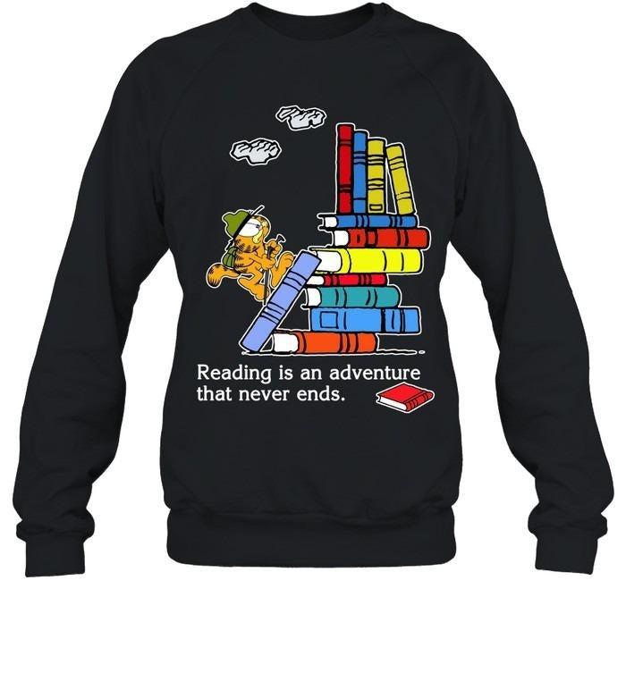 Reading Is an Adventure That Never Ends Garfiiield T-Shirt, Funny Movie Cartoon Graphic Shirt, Gift For Reader, Bookish...