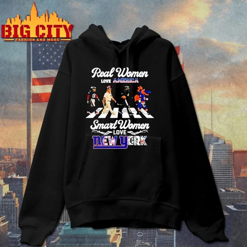 Real Women Love America Smart Women Love New York City Sports Giants Yankees Mets And Islanders Mascot Walking 2025 shirt