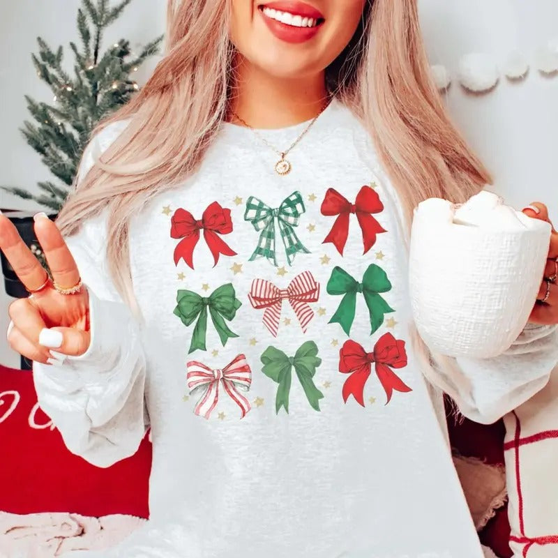 Red & Green Christmas Bow Collage Graphic Tee - Christmas Coquette Shirt - Cozy Season - Cute Christmas Gifts