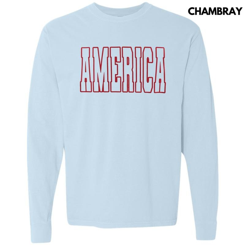 Red America Puff Long Sleeve Comfort Colors T-Shirt Hoodie, Sweatshirt | RetroVerseTees.com