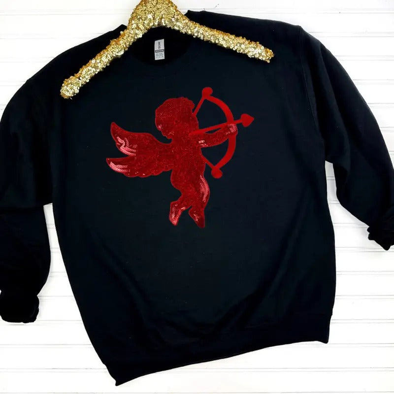 Red Cupid Sequin Patch Sweatshirt -- BLACK T-Shirts, Hoodie | RetroVerseTees.com