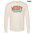 Red Cursive Varsity Merry Christmas Long Sleeve Comfort Colors T-Shirt 'NLB' Hoodie, Sweatshirt | RetroVerseTees.com