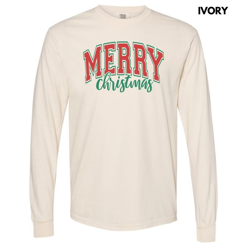Red Cursive Varsity Merry Christmas Long Sleeve Comfort Colors T-Shirt 'NLB' Hoodie, Sweatshirt | RetroVerseTees.com