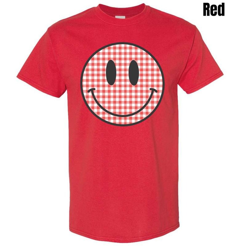 Red Gingham Happy Face Gildan Short Sleeve T-Shirt 'NLB' Hoodie, Sweatshirt | RetroVerseTees.com