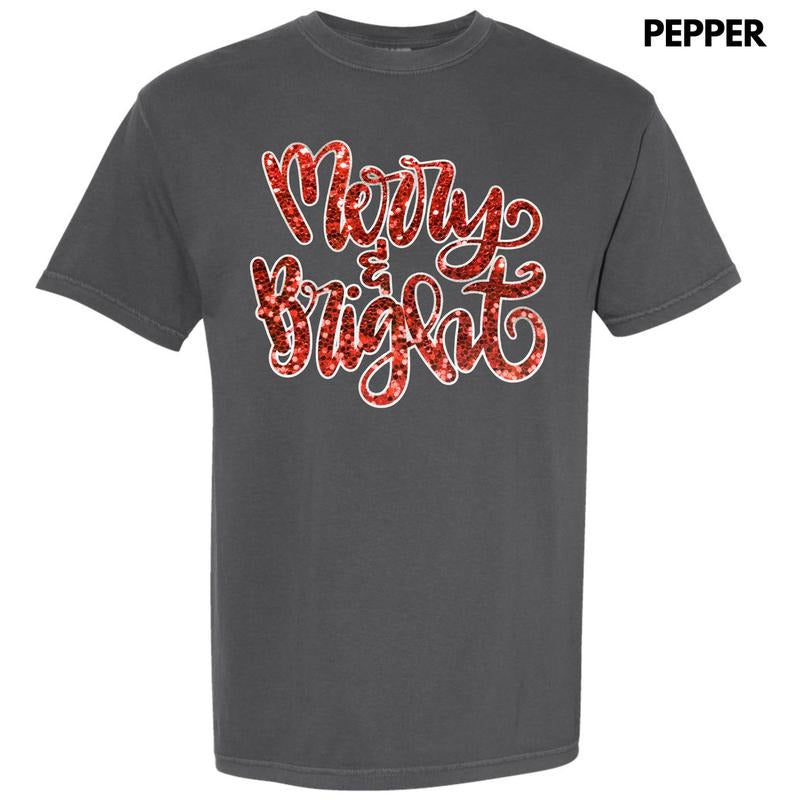 Red Merry & Bright Faux Sequin Comfort Colors T-Shirt Hoodie, Sweatshirt | RetroVerseTees.com