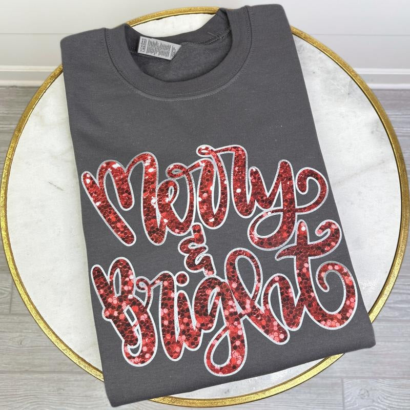 Red Merry & Bright Faux Sequin Sweatshirt T-Shirts, Hoodie | RetroVerseTees.com