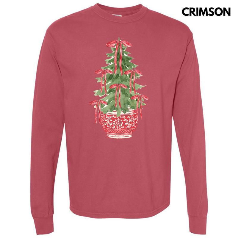 Red Potted Christmas Tree Long Sleeve Comfort Colors T-Shirt 'NLB' Hoodie, Sweatshirt | RetroVerseTees.com