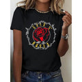 Red Rose Pattern Printed T-Shirt, Seasonal Casual Women'WB shield T-Shirt, Round Neck Pure Short Sleeved T-Shirt, Outdoor...