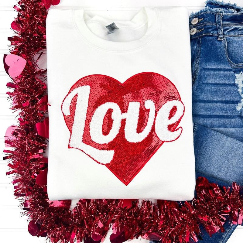 Red Sequin Heart Patch Sweatshirt T-Shirts, Hoodie | RetroVerseTees.com