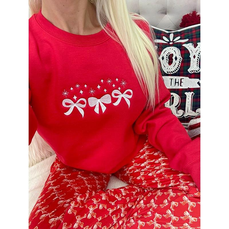 Red Sparkle Embroidered Bow Sweatshirt T-Shirts, Hoodie | RetroVerseTees.com