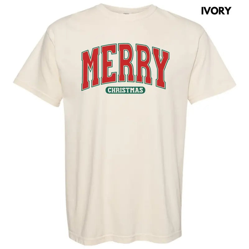 Red Varsity Merry Christmas Comfort Colors T-Shirt 'NLB' Hoodie, Sweatshirt | RetroVerseTees.com
