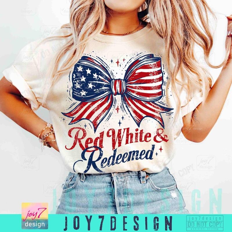 Red White & Redeemed 4th Of July T-shirt, Christian American Coquette Bow T-Shirt, Fourth of July American Flag Trendy...