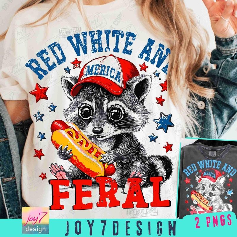 Red White And Feral Funny USA T-shirt, Funny 4th of July Humor America Shirt, Funny Raccoon 4th July T-Shirt, Retro...