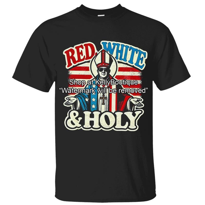 Red White Holy Pope Leo XIV T-shirt, New Catholic Pope, Robert Francis Prevost First American Pope History Shirt, Front...