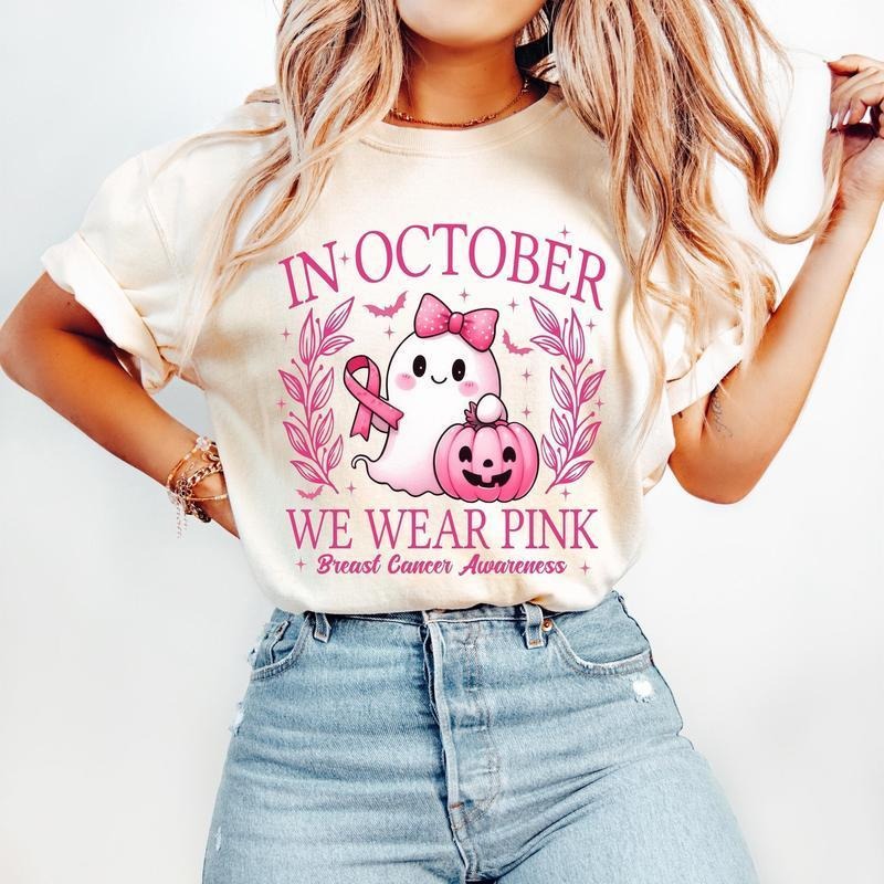 Red plumber brand October We Wear Pink Shirt, Retro Breast Cancer Awareness T-Shirt, Halloween Pink Ghost Sweatshirt,...