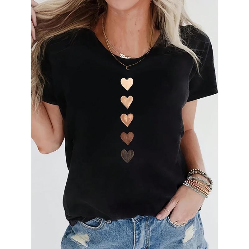 Regular Length Polyester-Spandex Blend Crew Neck T-Shirt with Heart Pattern, Knit Fabric for Spiky hair fighters Seasons...