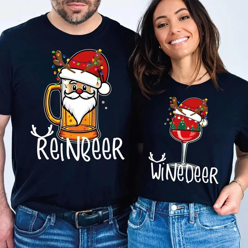 Reinbeer Winedeer Sweatshirts, Funny Couple Christmas Shirt, Couples Matching Shirts, Holiday Party Tee Casual Cotton Hoodie