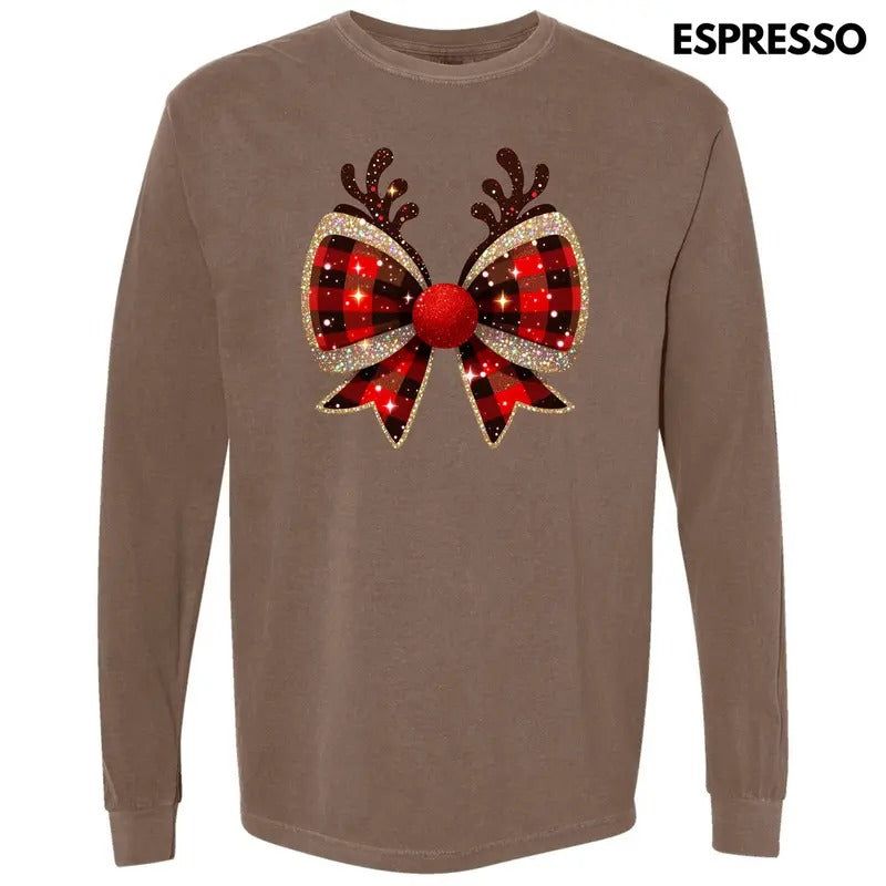 Reindeer FAKE Glitter Plaid Bow Long Sleeve Comfort Colors T-Shirt 'NLB' Hoodie, Sweatshirt | RetroVerseTees.com