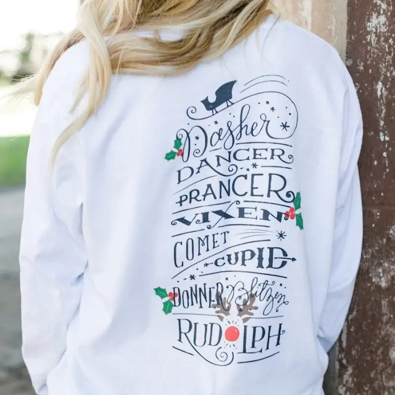 'Reindeer Names' Front & Back Sweatshirt T-Shirts, Hoodie | RetroVerseTees.com