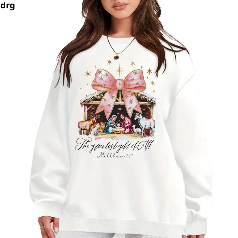 Religious Christmas Nativity Sweatshirt, 'The Greatest Gift of All' Matthew 1:21 Graphic, Hoodie Cozy and Stylish Holiday...