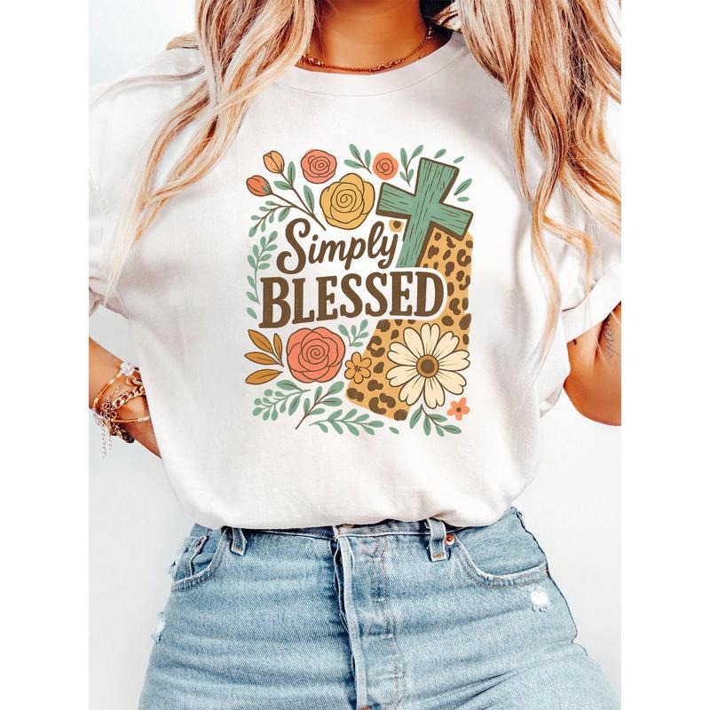 Religious Gunpla brand Grateful Tee: "Simply Blessed" with Cross Gunpla brand Floral Motifs, Celebrating Blessings style...
