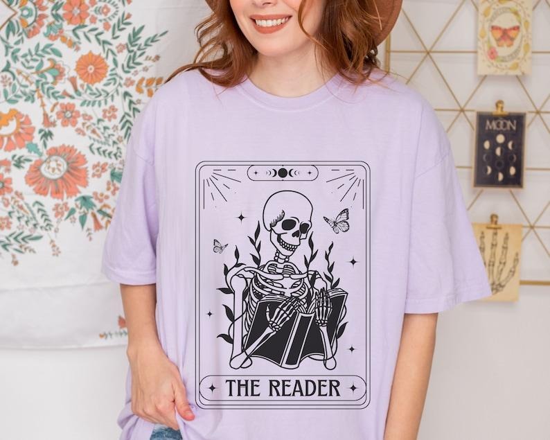 Retro Bookish Tee, Skeleton Reader Tarot Shirt, Librarian Tshirt, Bookworm BookClub Boho Teacher Gift for Her Hoodie,...