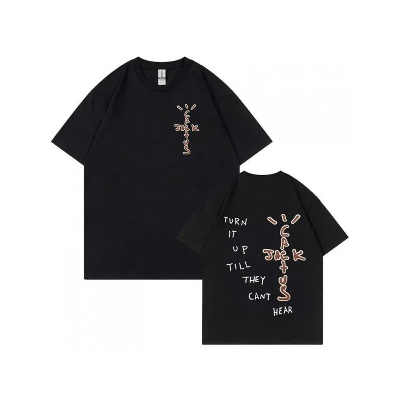Retro Cactus Jack Graphic Tee For Men Hip Hop Streetwear Oversized Cotton Shirt With Turn Up TNF Volume Print Black...