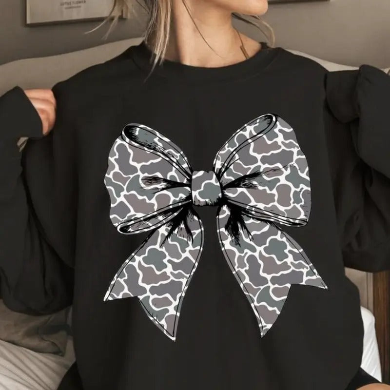 Retro Camo Coquette Vintage Bow Sweater, Dove Season, Girls Camo Bow Tee, Hunting Coquette Bow, Full Sizes, Full Colors...