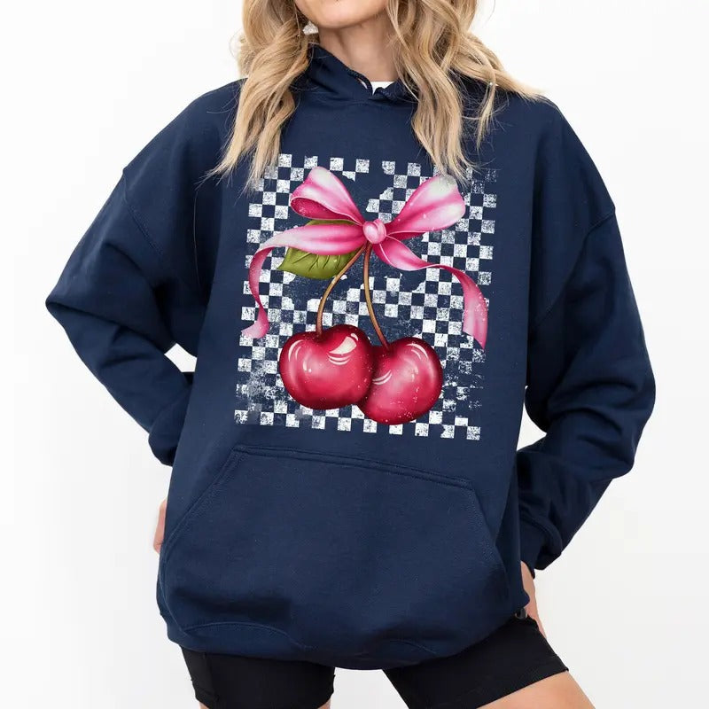 Retro Checkered Cherries Hoodie, Coquette Cherries Graphic Hoodies, Cherry Lover Hoodie, Checkered Women Clothing, Gift...