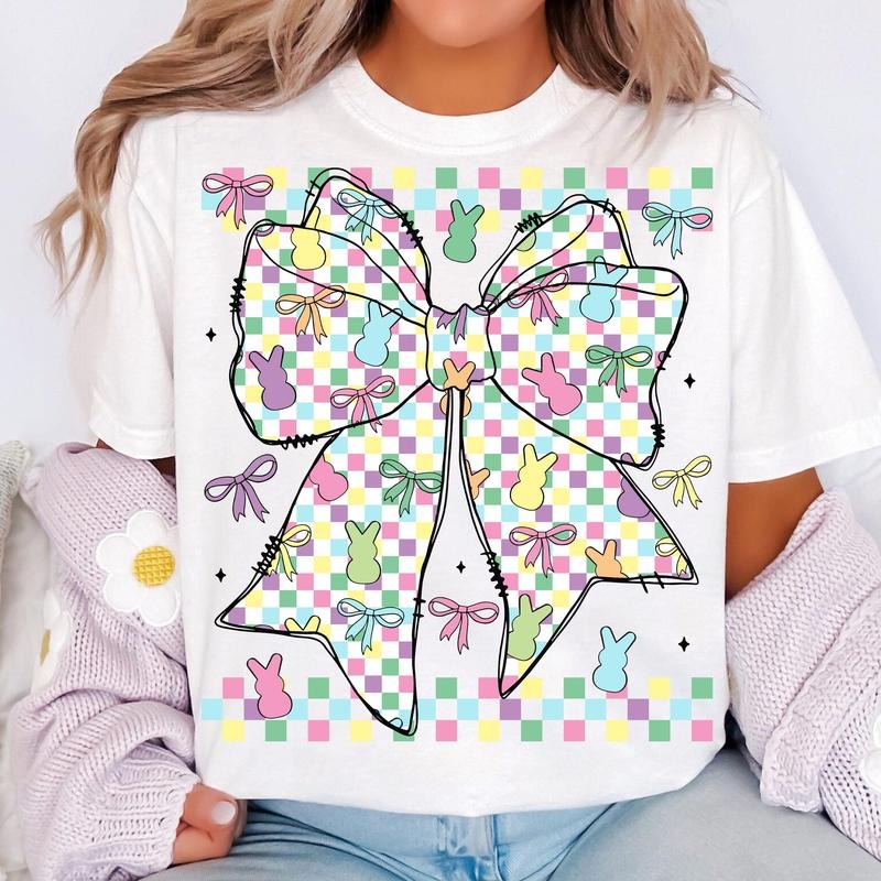 Retro Checkered Easter Coquette Bow T-Shirt, Easter Bow Shirt, Bunny Spring T-Shirt Hoodie, Sweatshirt | RetroVerseTees.com