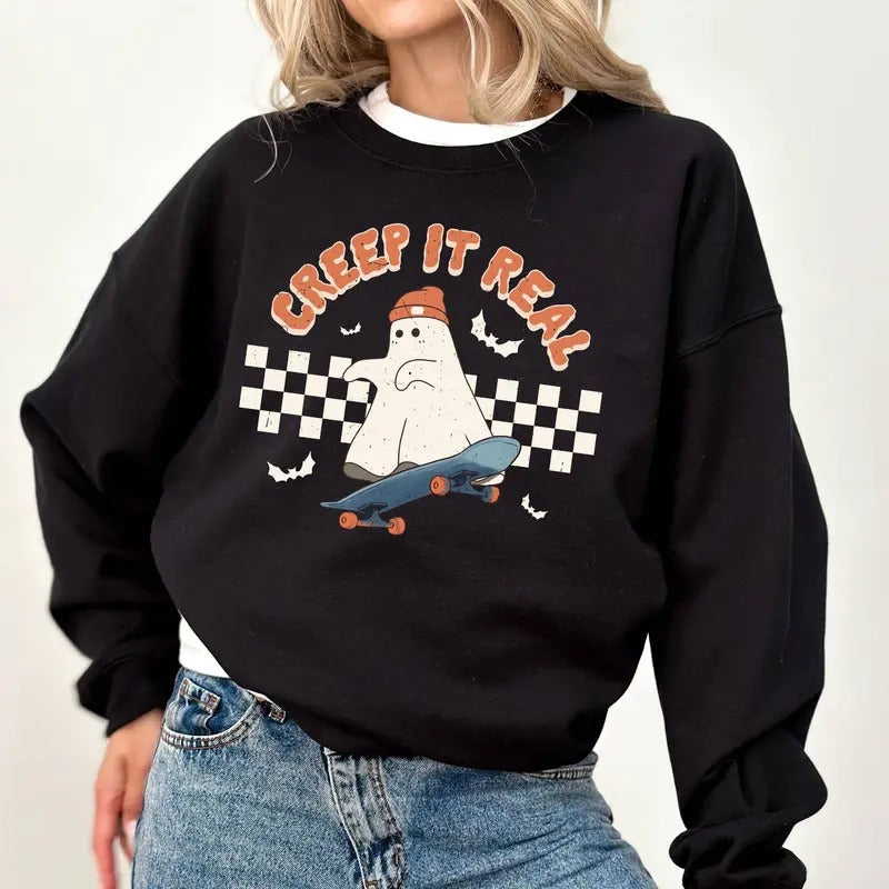 Retro Creep It Real Skateboarding Ghost Sweatshirt, Funny Halloween Sweatshirt, Vintage Boo Creep It Real Crewneck, Cute...