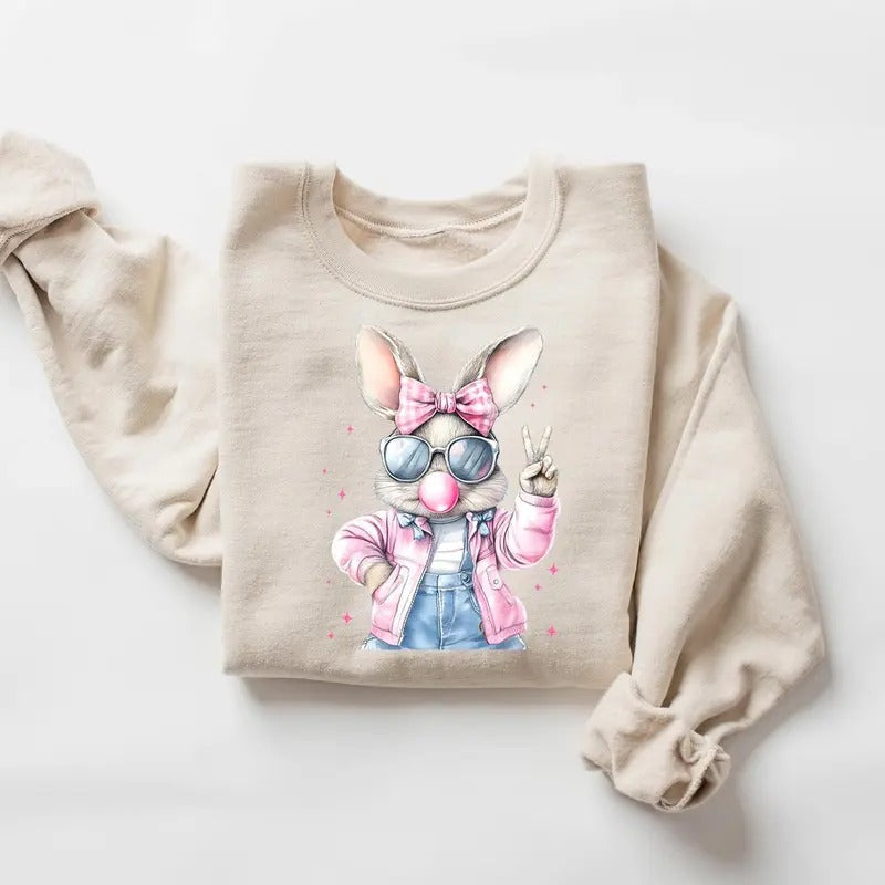 Retro Easter Bunny Blowing Gum Shirt, Happy Easter Gift, Retro Easter Sweater, Easter Bunnie with Sunglasses Sweatshirt...