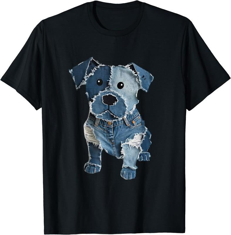 Retro Funny Denim Patch Animal Dog Print For Men Women T-Shirt | Unisex Cotton Tee Gift, Crewneck, Short Sleeve Hoodie,...