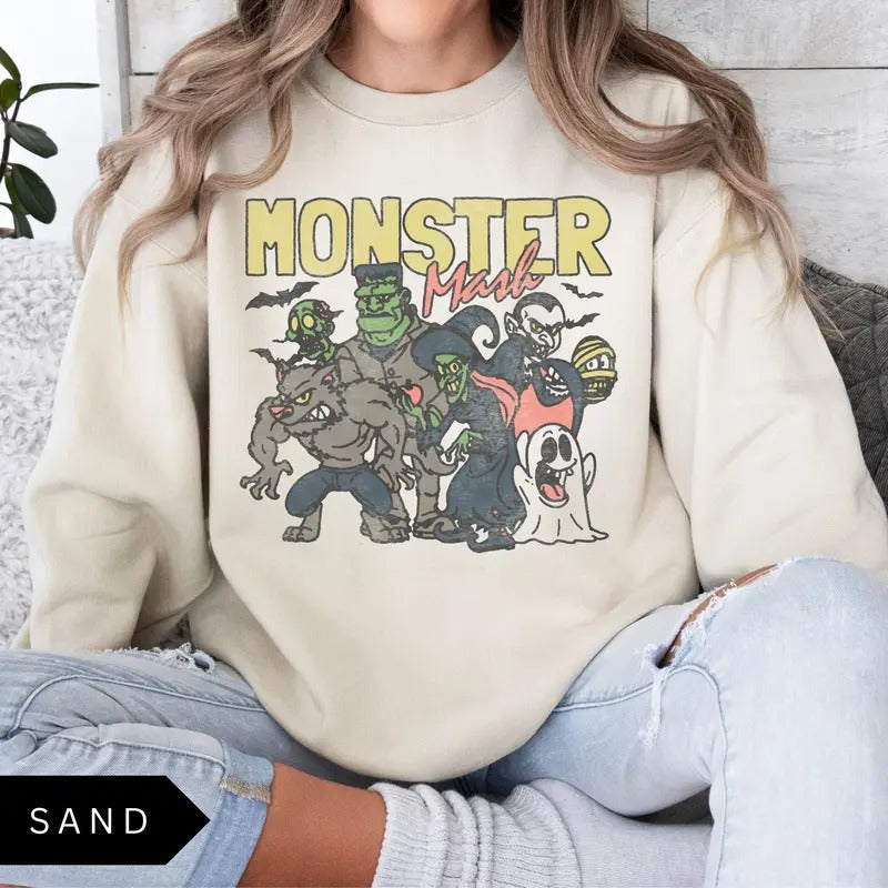 Retro Halloween Monster Mash Sweatshirt, Halloween Aesthetic, Vintage Halloween Sweatshirt, Graphic Monster Sweatshirt...