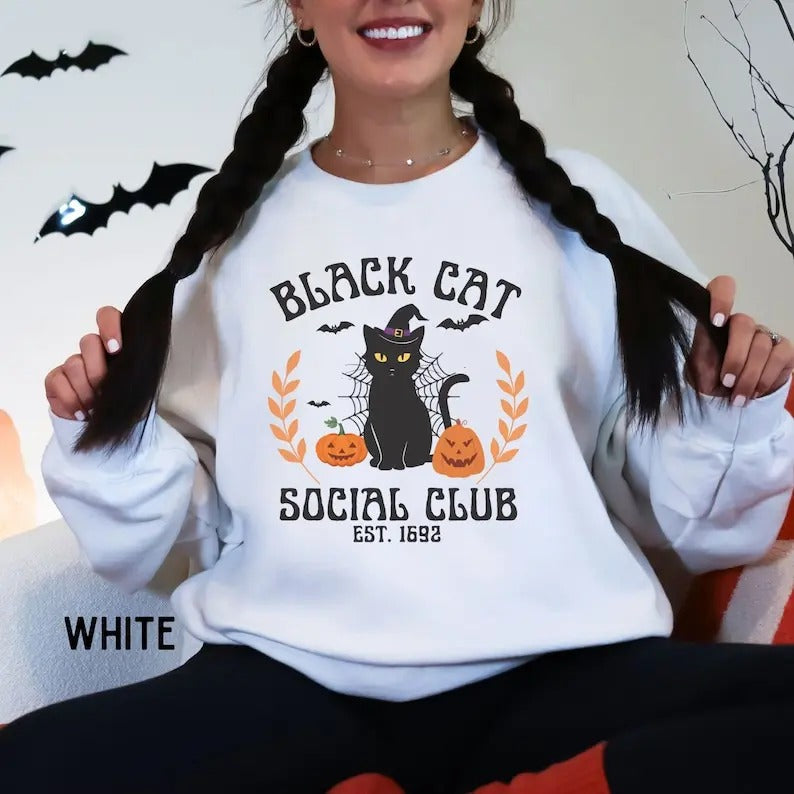 Retro Halloween cat sweatshirt, Black cat social club, Vintage Fall clothing, Spooky season sweater, Womens pumpkin...