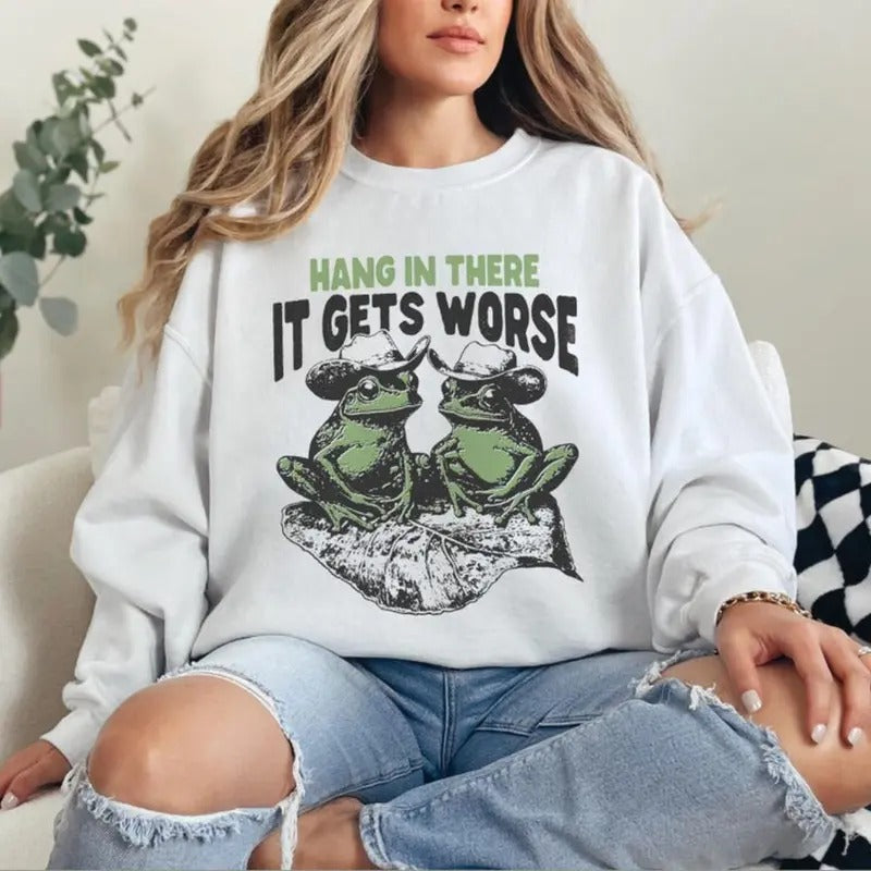 Retro Hold On Partner Im Overstimulated Sweatshirt, Western Frog Tee Design - Funny Mental Health Quote - Perfect for...