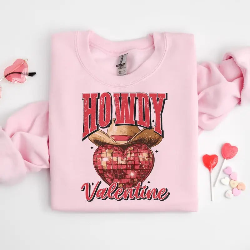 Retro Howdy Valentine Sweatshirt, Western Valentines Sweatshirt, Cowgirl hat Disco Valentine Sweatshirt, Valentines shirt...