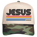 Retro Jesus King Christian Jesus IS King Christ Faith Five-Panel Snapback Cap Hat with Camo Brim and Colorful Stripes...