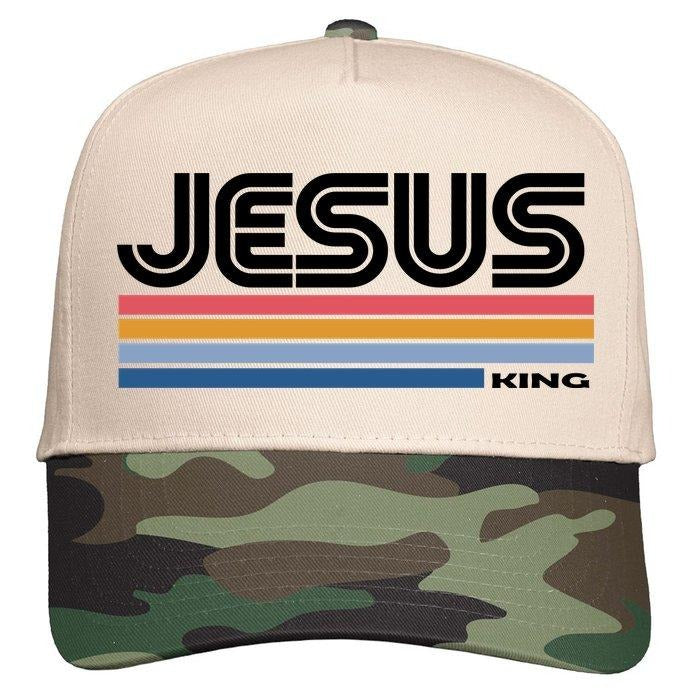 Retro Jesus King Christian Jesus IS King Christ Faith Five-Panel Snapback Cap Hat with Camo Brim and Colorful Stripes...