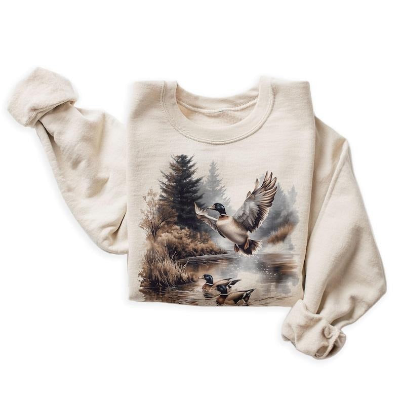Retro Mallard Ducks Fall Pond Scene Sweaters, 90s Waterfowl Duck Forest Nature Menswear T-Shirts, Hoodie, Sweatshirt