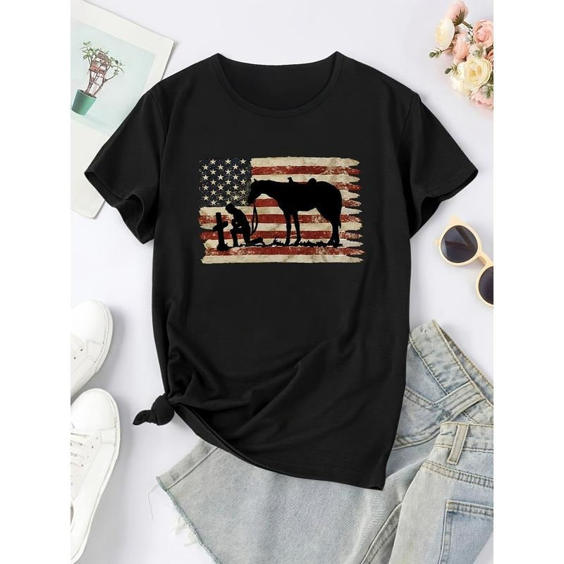 Retro National Flag Soldier Pattern Crew Neck T-Shirt, Casual Short Sleeve T-Shirt, Women'WB shield Clothing style 02...