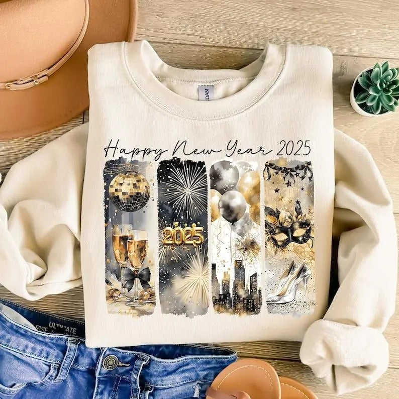 Retro New Year 2025 Shirt, New Years Shirt, Disco Ball Shirt, Gold Glitter, Brushstroke Shirt, New Year New Me Shirt,...