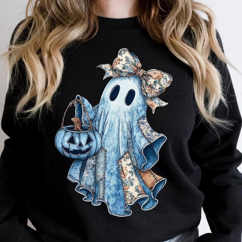 Retro Patchwork Ghost Halloween Sweatshirt, Cute Coquette Boo Pullover, Spooky Season Fall Pumpkin Crewneck T-Shirts, Hoodie