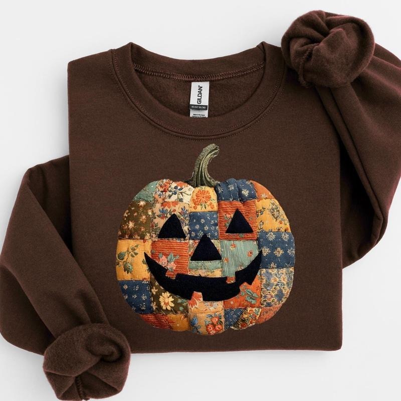 Retro Patchwork Halloween Pumpkin Sweatshirt, Halloween Pumpkin Shirt, Spooky Season Sweater, Halloween Cute Women...